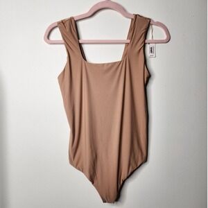 Aerie Smoothez Square Neck Tank Bodysuit Taupe Neutral Size L NWT Basics Staple‎